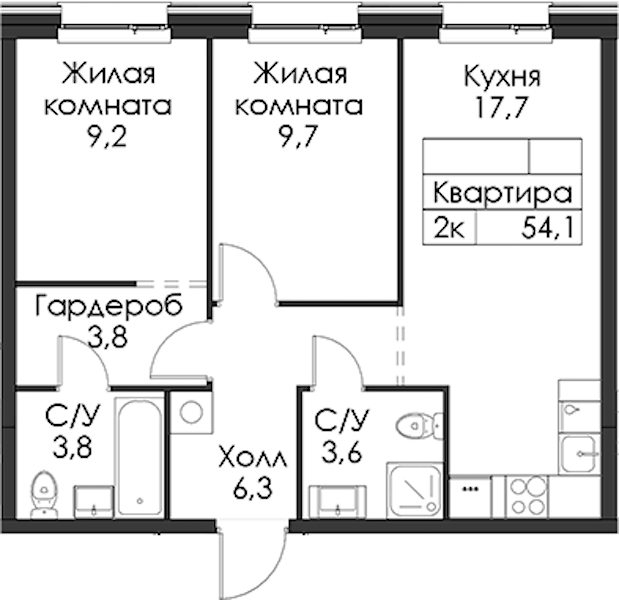 2-комнатная квартира 54.1 м², 3/12 эт., ЖК «Шкиперский 19»